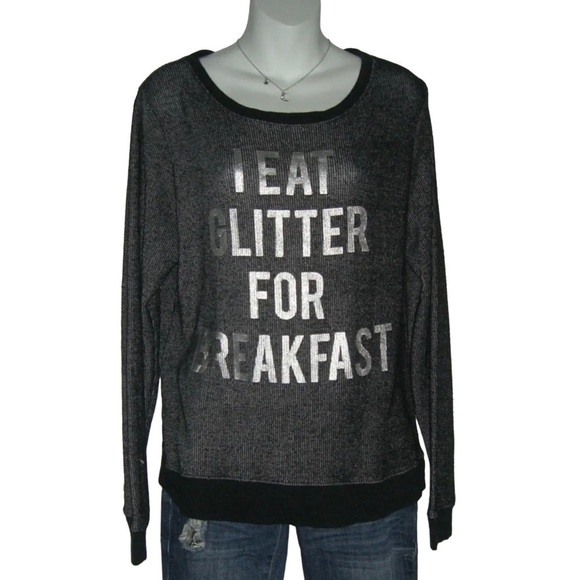 Recycled Karma I Eat Glitter For Breakfast Shirt Black Silver Metallic Foil Sz M - Picture 9 of 9